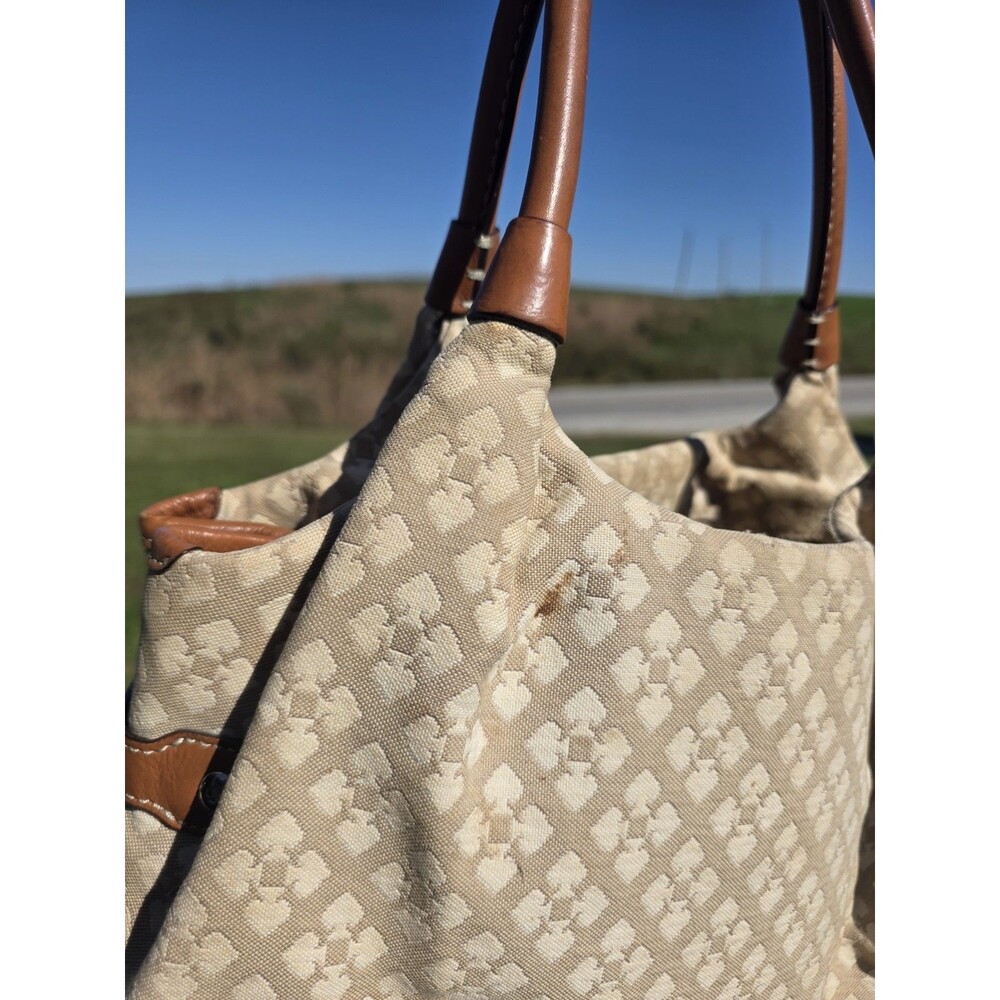 Kate Spade New York Beige Jacquard Logo Satchel Zip, Brown Leather Handles - Picture 4 of 12